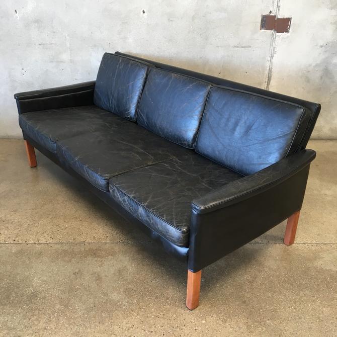 Black Leather Scandinavian Sofa, Black Leather Mid Century Couch
