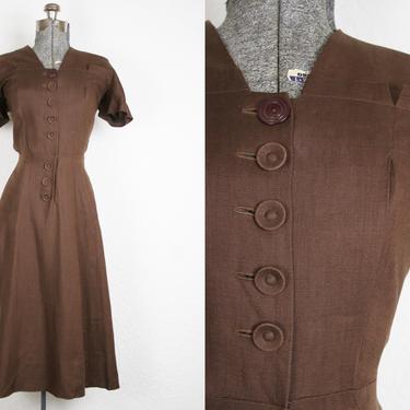 1940's Brown Linen Day Dress / Size Medium 