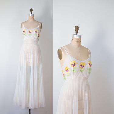 1960s Vanity Fair Nightgown / 60s Embroidered Nylon Chiffon Gown Size 38 