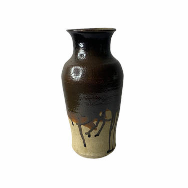 Vintage Handthrown Brown Drip Glaze Stoneware Vase 