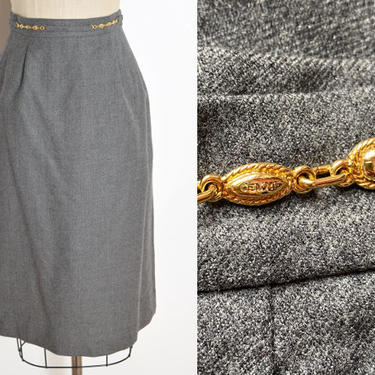 vintage 90s CELINE pencil skirt gray wool brass logo hardware belt S clothing 