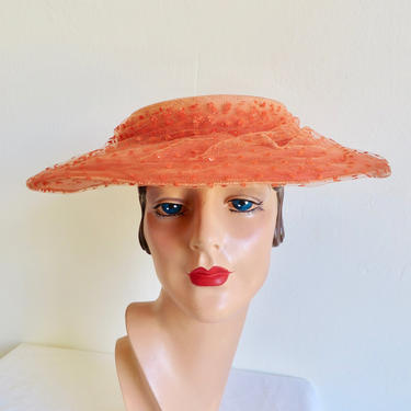 Vintage 1950's Orange Straw Wide Brim Sun Hat with Velvet Polkadot Flocked Tulle Portrait Picture Kentucky Derby Ascot Bullocks Los Angeles 