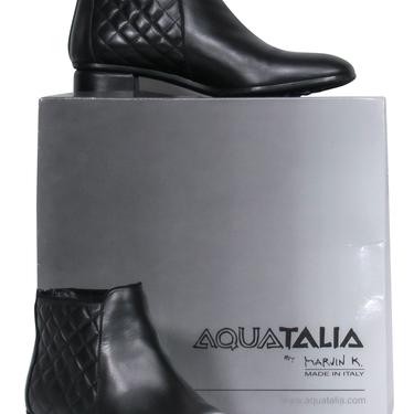 Aquatalia - Black Leather Block Heel Ankle Booties w/ Quilted Trim Sz 9