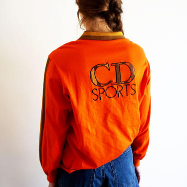 1990s Christian Dior Sports Orange Long Sleeve Polo Top with Camo Logo and Knit Collar Unisex 90s Athletic 