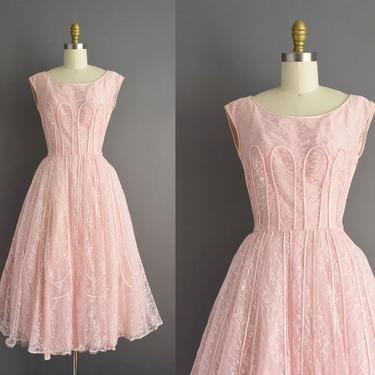 vintage 1950s dress | Pastel Pink Tulle Floral Full Skirt Bridesmaid Prom Dress | Small Medium | 50s vintage dress 