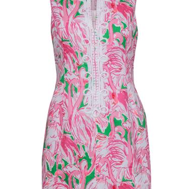 Lilly Pulitzer - Pink, Green & White Flamingo Print "Alexa" Shift Dress Sz 10