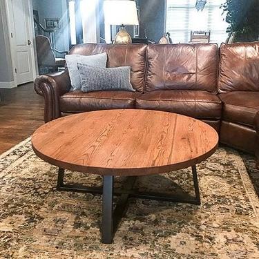 Round Coffee Table / Rustic Reclaimed Wood and Industrial Steel Pedestal Table 