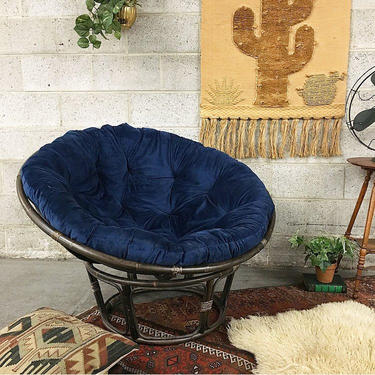 LOCAL PICKUP ONLY Vintage Bamboo Lounge Chair Retro 1970's Navy Blue Velvet Tufted Chair with Round Plush Cushion for Living Room 