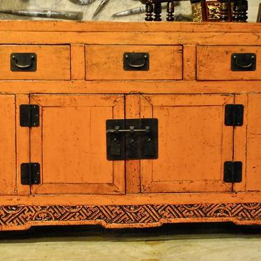 Rustic Asian Cabinet in Distressed Orange Lacquer, Mid 20th Century