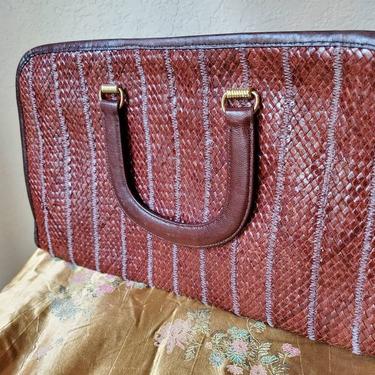 Vintage leather purse or tote maroon woven by designer Morris Moskowitz,1970's 