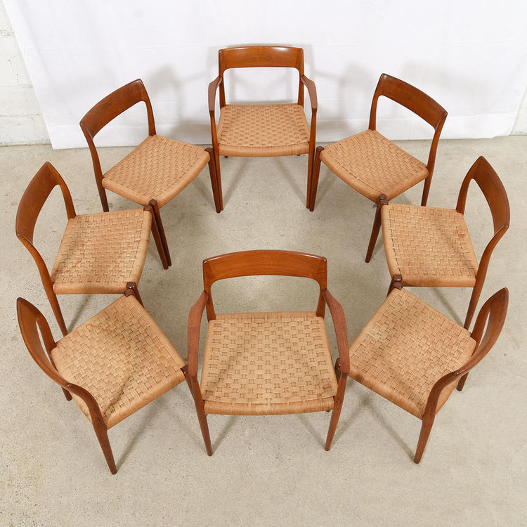Set of 8 Teak & Papercord Niels O. Moller #75 Dining Chairs