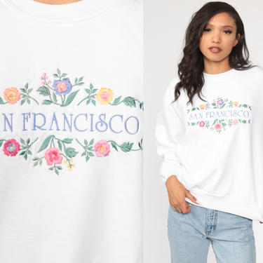 San Francisco Sweatshirt 80s Floral Embroidered Sweatshirt White Shirt California Pullover 1980s Graphic Vintage 90s Medium 