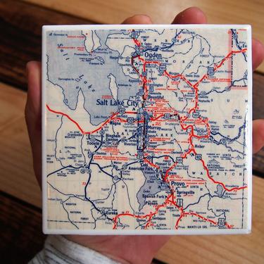 1953 Salt Lake City Utah area Handmade Repurposed Vintage Map Coaster - Ceramic Tile - Repurposed 1950s Rand McNally Atlas - Provo 