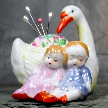 Lovely Swan Pin Cushion - Upcycled Vintage, Ceramic White Swan with Children Turned Pin Cushion - Handmade | Free Shipping 