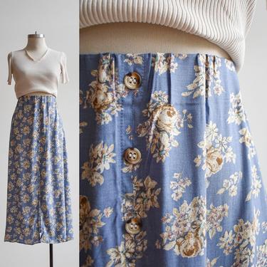 90s Pale Blue Floral Maxi Skirt 