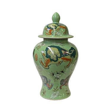 Chinese Crackle Avocado Green Color Foo Dogs Porcelain Temple Jar ws1697E 