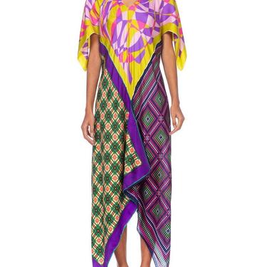 MORPHEW COLLECTION Multicolor Geometric Bias Cut Kaftan  Dress Made From 1960'S Silk Scarves 