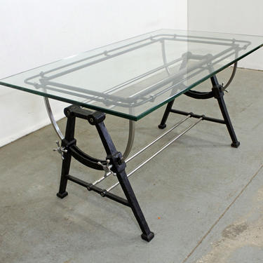 Industrial Modern Wrought Iron Glass Top Desk Drafting Table 