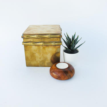 Small Vintage Distressed Brass  Box with Bamboo Detail 