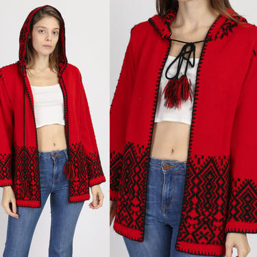 70s Boho Nordic Hooded Cardigan - Medium | Vintage Fair Isle Red Black Pom Pom Open Fit Sweater 