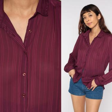 Sheer Purple Blouse Striped Shirt 80s Button Up Shirt Party Top Vintage 1980s Long Sleeve Vertical Stripe Shirt Medium 