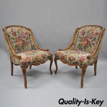 Pair of Vintage French Provincial Slipper Hiprest Chairs Floral Tapestry Fabric