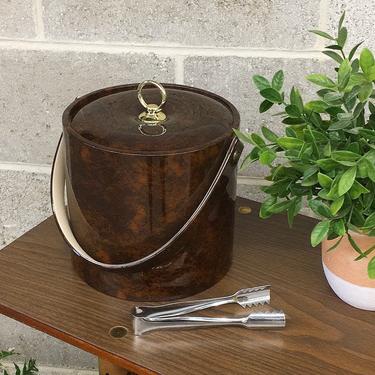 Vintage Ice Bucket Retro 1970s Contemporary + Brown Print and Gold Metal + Vinyl Exterior + Metal Tongs + Ice Party Storage + Bar Decor 