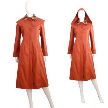 1970s Orange Coat - 1970s Womens Trench Coat - Vintage Orange Trench Coat - Hooded Orange Coat - 70s Womens Coat - Fall Coat | Size Medium 