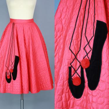 1950s BALLET SLIPPER Skirt | Vintage 50s Red &amp; Black Novelty Circle Skirt with Quilting | xs 