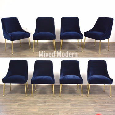 Blue Velvet and Brass Modern Dining Chairs - Set of 8 
