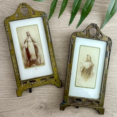 Vintage Set of 2 Religious Prints in Cast Metal Frames, Gold Metal Framed Sacred Heart of Jesus and Virgin Mary Cards, Small Religious Decor 