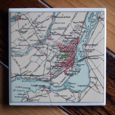 1922 Montreal Canada Handmade Repurposed Vintage Map Coaster - Ceramic Tile - Repurposed 1920s Times Atlas - St. Lawrence River 