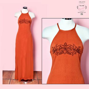 Vintage 70's Maxi Hippie Dress, Rust Orange Hawaiian Print Flowers, 1970's long dress, Disco Boho Halter Beach Dress 
