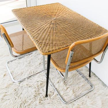 Stunning Woven Rattan and Wood Table with Solid Cast Iron Legs 