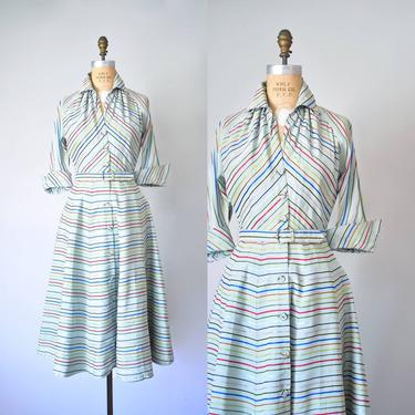 Jacqueline rainbow stripes 50s dress, 1940s dressing gown, shirtwaist dress 
