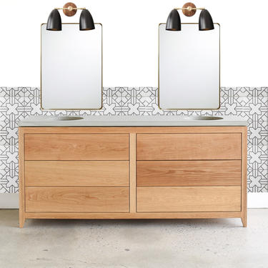 Bathroom Vanity with Double Sinks / Mid Century Modern Bathroom Console / Solid Wood Six Drawer Vanity 
