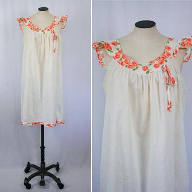 Vintage 50s Night dress | Vintage ivory cotton and rose print  slip | 1950s floral  cotton shift dress 