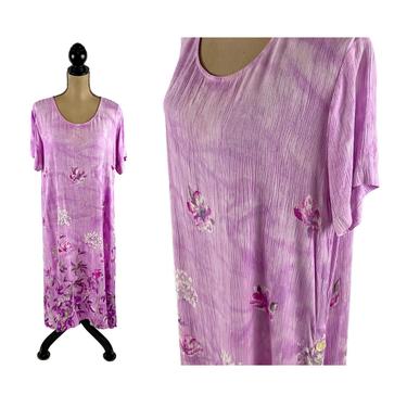Pastel Purple Loose Fitting Summer Dress Large XL, Short Sleeve Floral Print Tie Dye Gauze, Flowy Beach Lounge Dress, Casual Clothes Women 