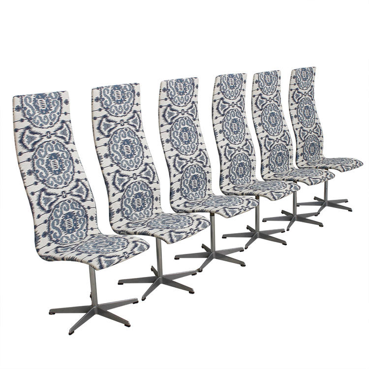 Set of 6 Fritz Hansen Oxford Chairs with New Blue & White Ikat Upholstery