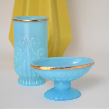 70s Blue Bathroom Set | Avon Opalescent Glass | Soap Dish + Toothbrush Holder | Makeup brush cup | Water Tumbler | Slag Glass Style | Gold 