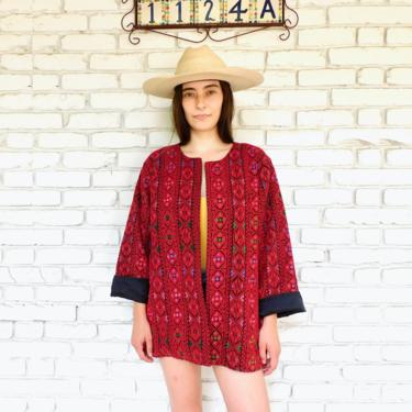 Hand Embroidered Jacket // vintage 70s embroidered dress blouse boho hippie cotton Guatemalan 1970s hippy red Mexican // O/S 