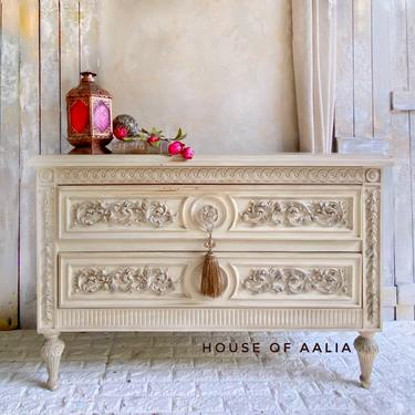 White Ornate Vintage Chest | French Dresser | Cream Old World Dresser | Ornate Dresser 
