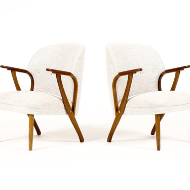 Danish Modern / Mid Century Upholstered Teak Lounge / Armchairs – Light Gray Textile – Pair 