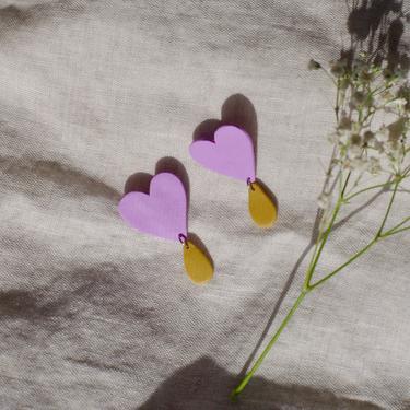 Cute Heart Statement Earrings / Polymer Clay Dangle Earrings / Spring Summer / Gifts for Her / Purple Mustard 