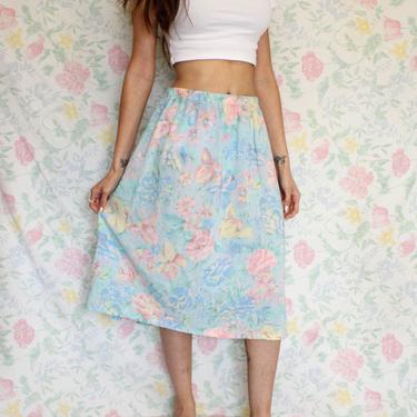 Vintage 70s Floral Skirt, Tropical Miami Art Deco Inspired Pastel Floral Midi Skirt, Size Large 