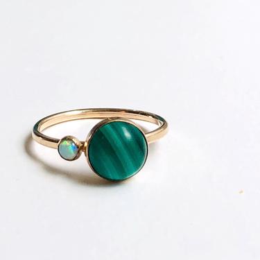 Two Moons Opal Ring in Gold with Banded Green Malachite and Tiny White Opal 