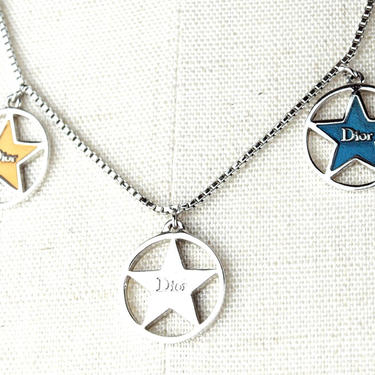 Vintage CHRISTIAN DIOR Logo STARS Silver Plated Enamel Logo Charm Pendant Necklace Jewelry Chain 