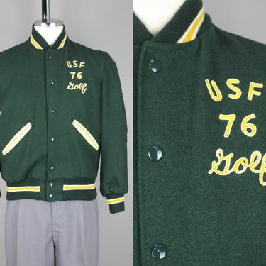 1976 USF Golf Letterman Jacket | Vintage 70s Green Wool Jacket with Chain Stitch Embroidery | size 36 