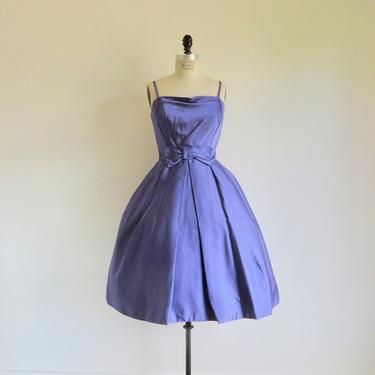 Vintage 1950's Periwinkle Purple Duchess Satin Fit and Flare Evening Dress Full Skirt Cocktail Party Rockabilly Swing 28&quot; Waist Small 