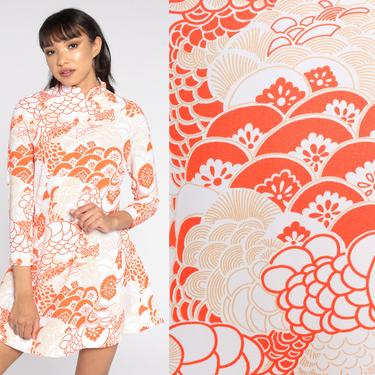 70s Asian Inspired Dress Mod Mini Psychedelic Print Dress Orange Boho Hippie Mandarin Collar 60s Bohemian Sheath Long Sleeve Minidress Small 